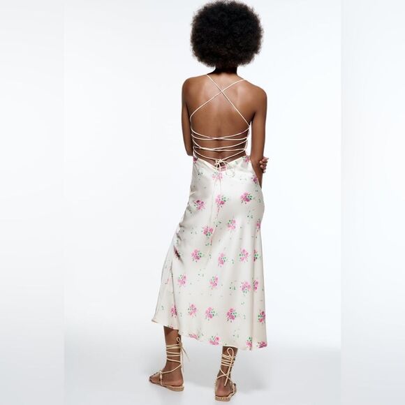 Zara Satin Floral Print Dress New - Picture 9 of 12